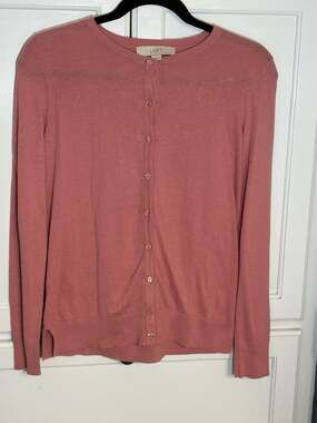 LOFT Womens Rose Pink 100% Cotton Crew Neck Button Up Cardigan Sweater XS